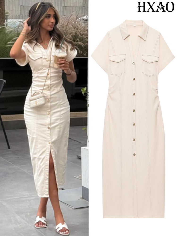 Women Formal Office Wear Tops - HXAO Denim Women's Dress Button Off