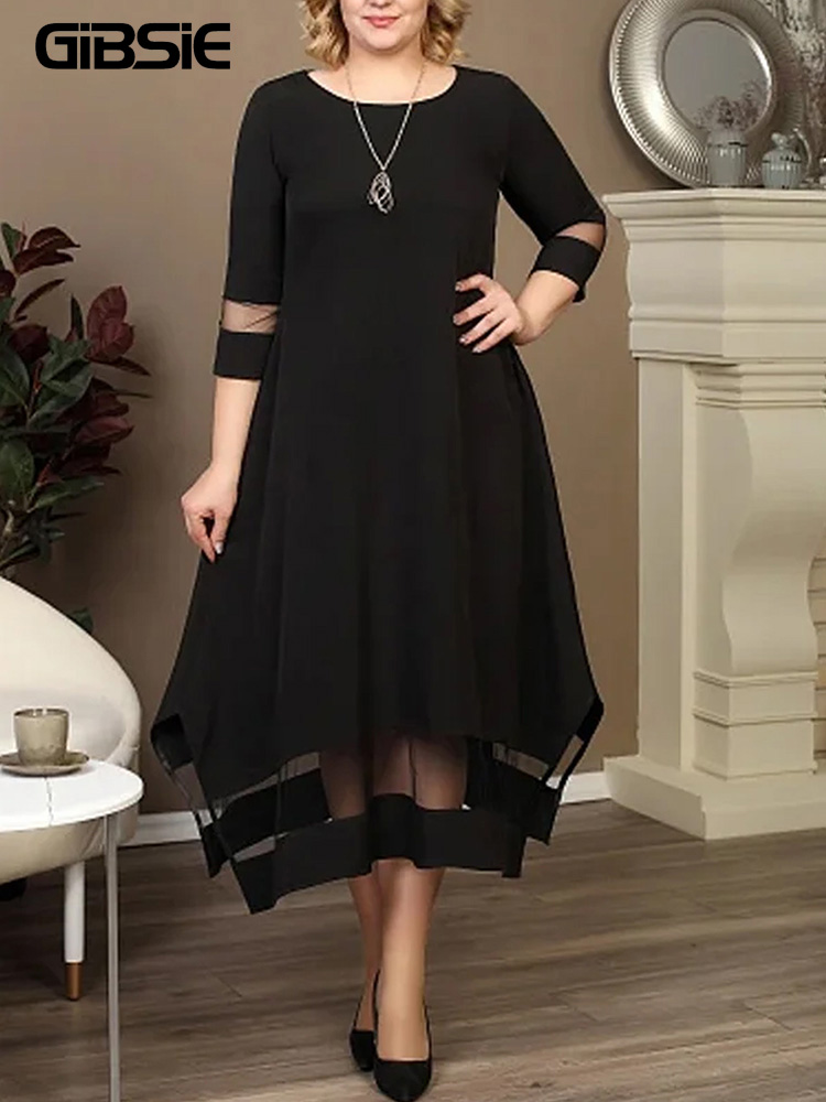 Women Formal Office Wear Tops - GIBSIE Plus Size Black Contrast Mesh