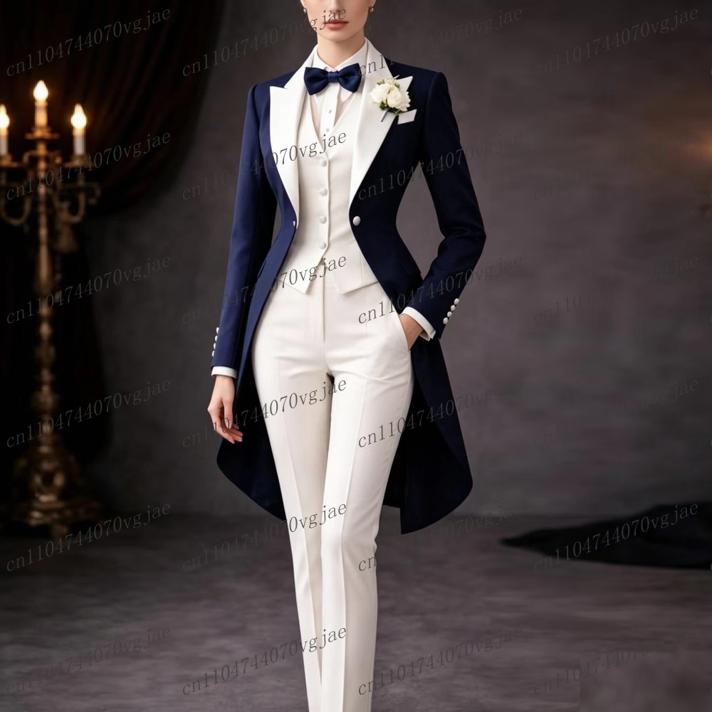Women'S Formal Wear Pants - Navy Blue And White Long Women