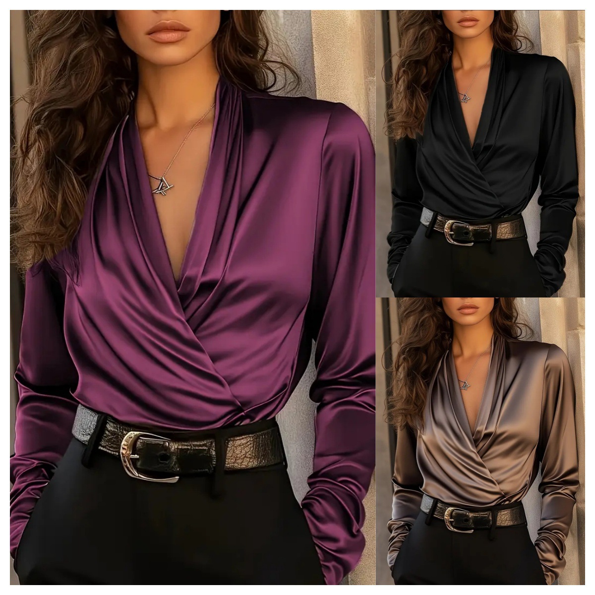 Women's Satin Wrap V Neck Long - Women Formal Office Wear Tops ulasan dan harga