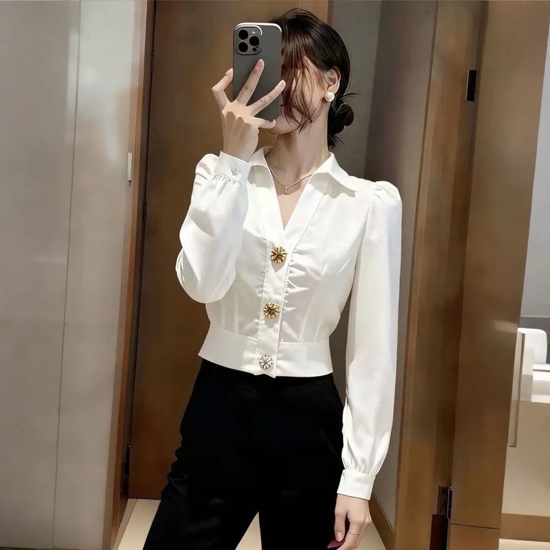 Elegant White Shirt V Neck Blo - Women Formal Office Wear Tops ulasan dan harga