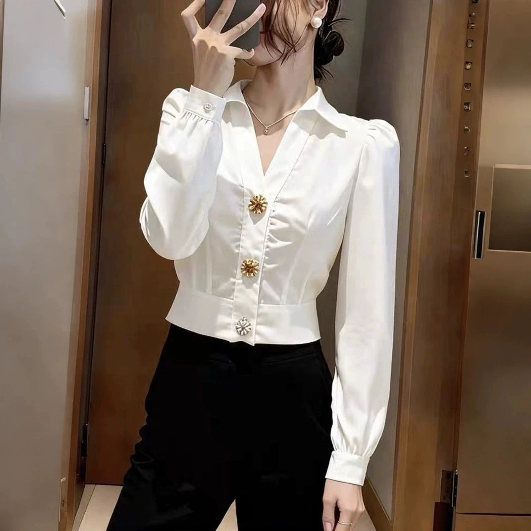 Elegant White Shirt V Neck Blo - Women Formal Office Wear Tops ulasan dan harga
