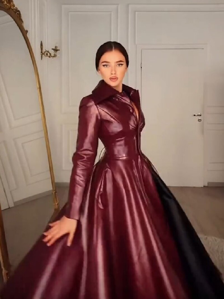 Women Wine Red Faux Leather Lo - Trench Coat Formal ulasan dan harga