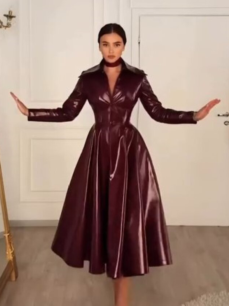 Women Wine Red Faux Leather Lo - Trench Coat Formal ulasan dan harga