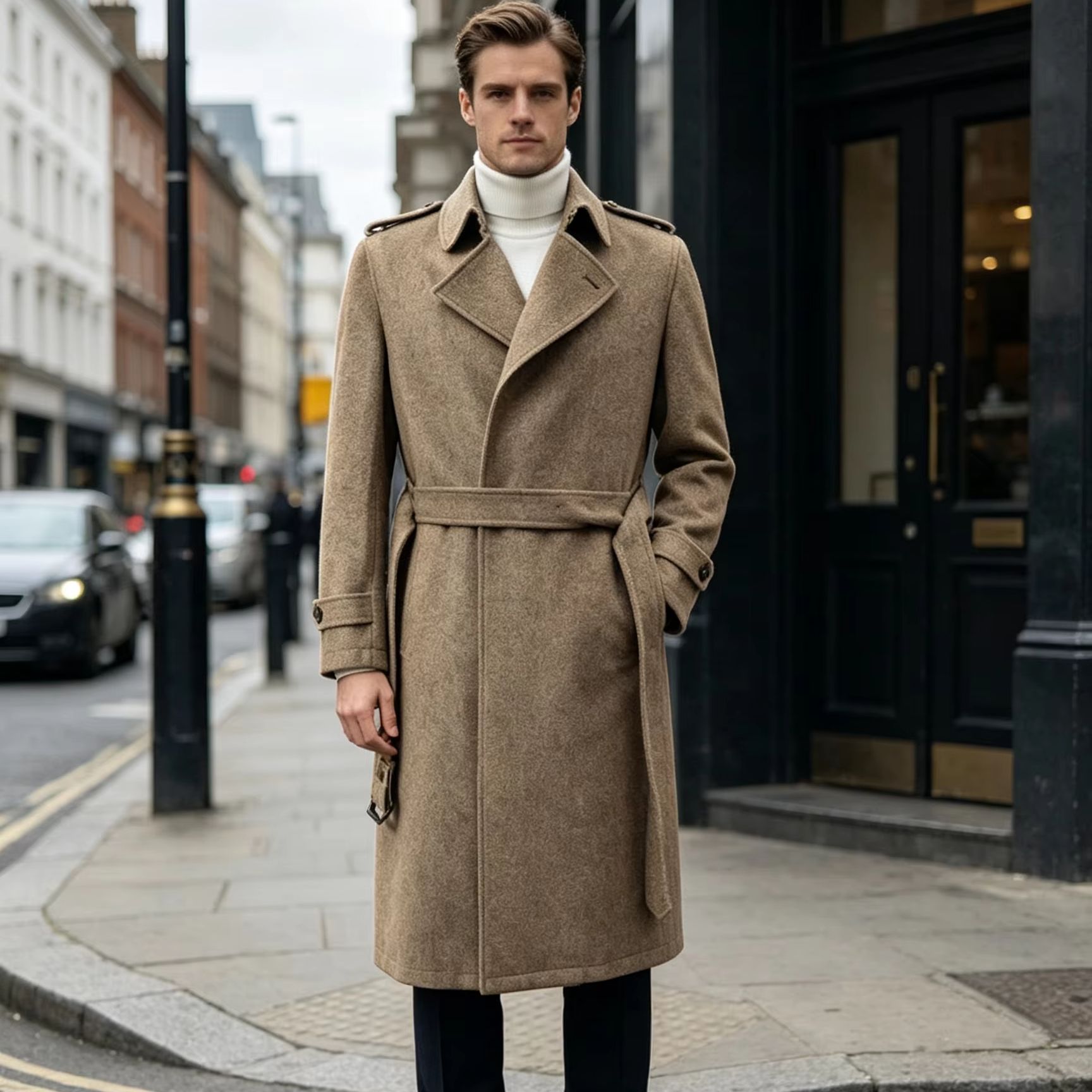 Men 100% Pure Wool Long Overco - Trench Coat Formal ulasan dan harga