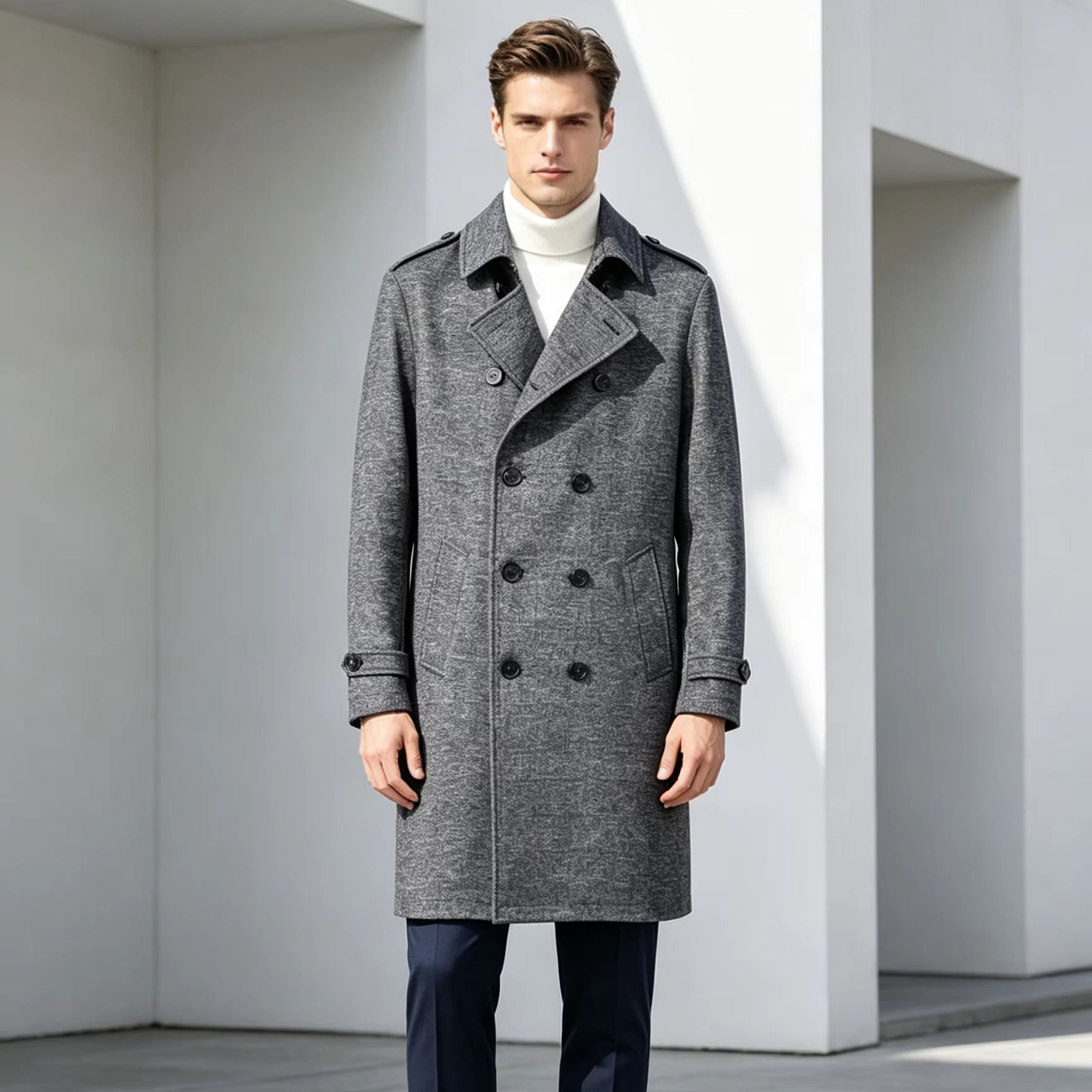 Men 100% Pure Wool Long Overco - Trench Coat Formal ulasan dan harga