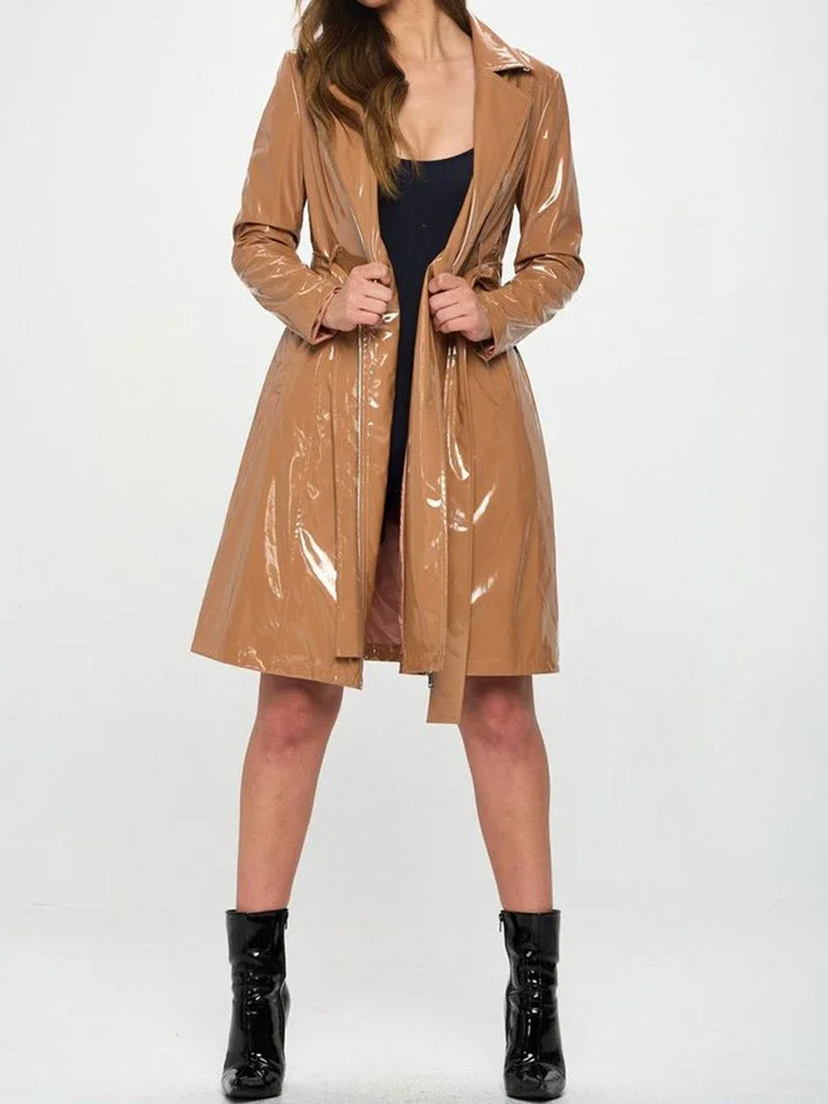Women Shiny Faux Leather Tie U - Trench Coat Formal ulasan dan harga