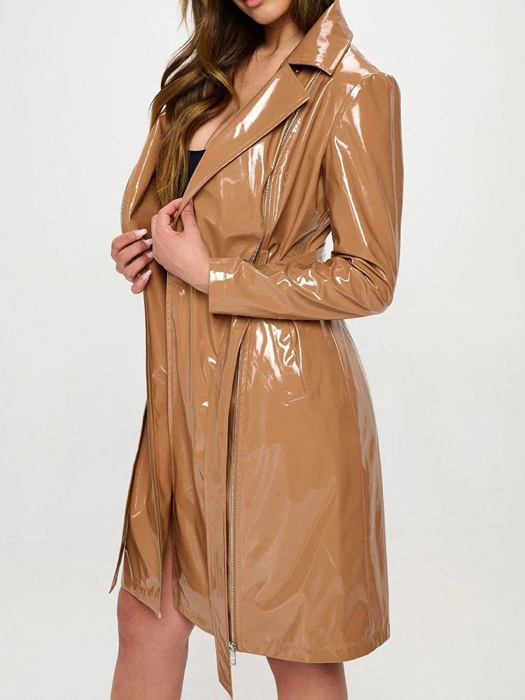 Women Shiny Faux Leather Tie U - Trench Coat Formal ulasan dan harga