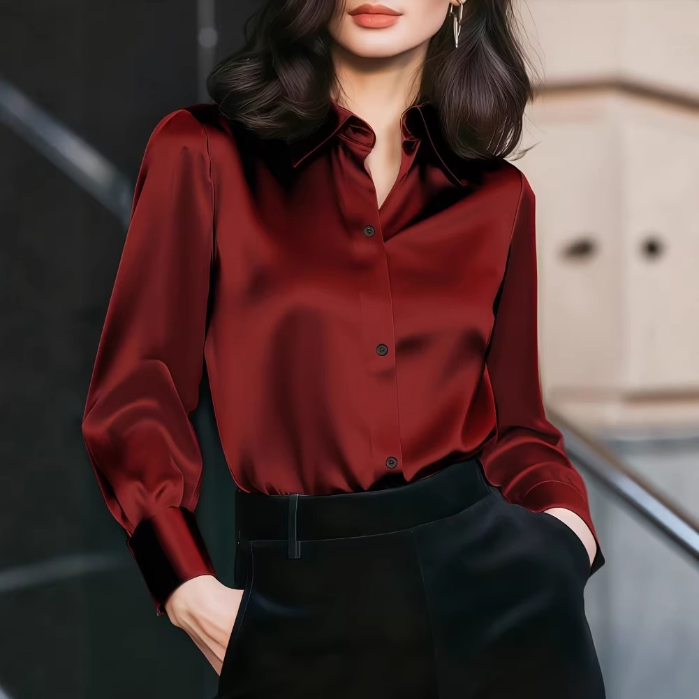 Women Satin Lapel Collar Blous - Women Formal Office Wear Tops ulasan dan harga