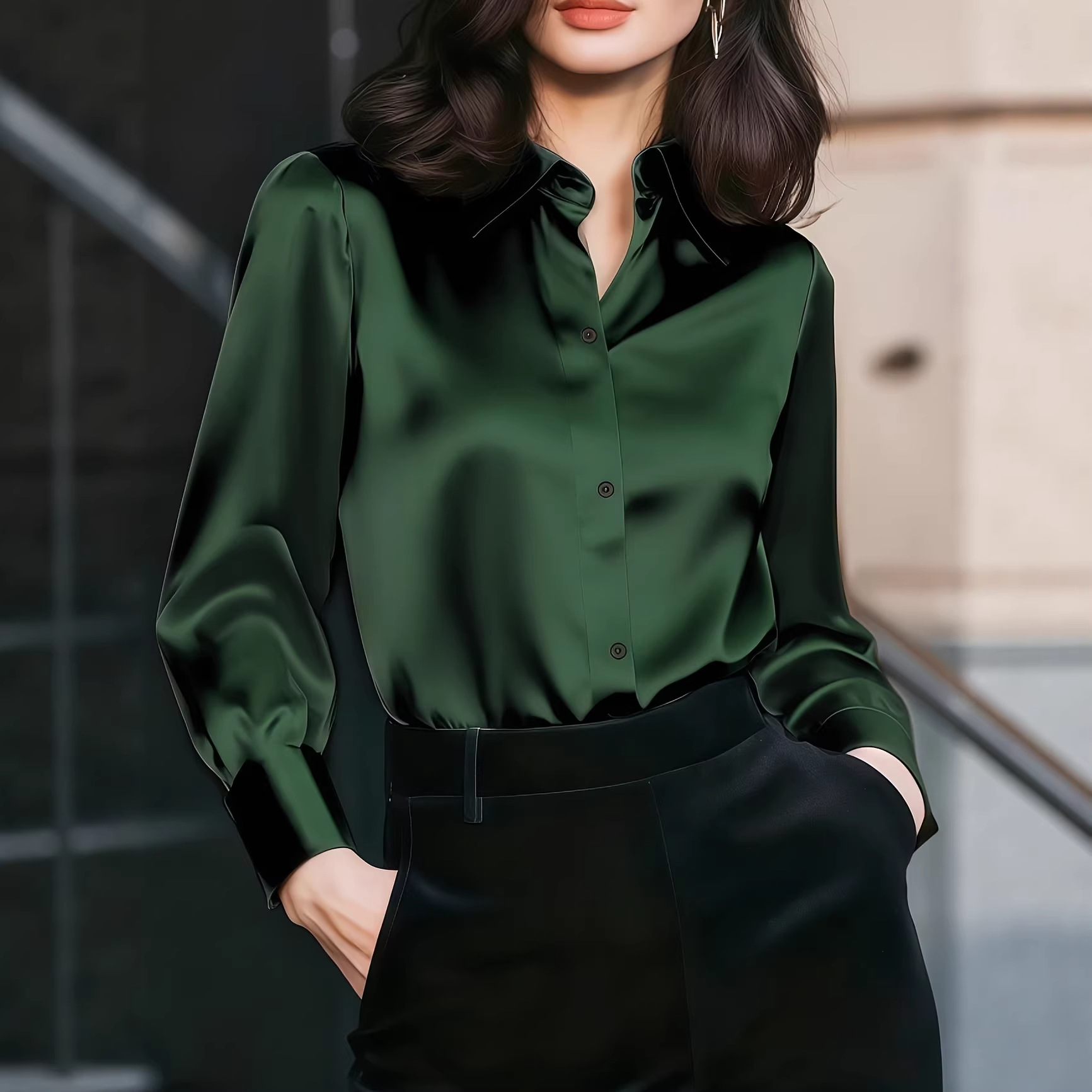 Women Satin Lapel Collar Blous - Women Formal Office Wear Tops ulasan dan harga